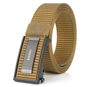 Tactical nylon outdoor belt for men with durable black metal automatic buckle in khaki