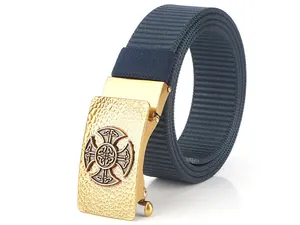 Detailed view of dark blue nylon woven belt with a hammered gold Celtic cross buckle