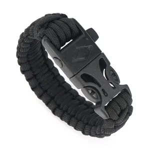 Bracciale survival in paracord nero intrecciato con bussola e fischietto outdoor