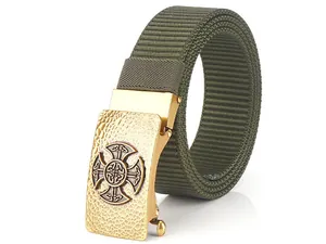 Detail of army green nylon belt with a gold Celtic cross embossed metal buckle