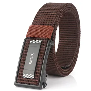 Men's dark brown nylon tactical belt with a black automatic metal buckle and woven texture