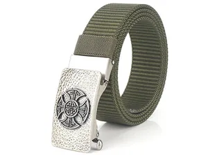 Close-up of army green nylon tactical belt with vintage Celtic cross buckle