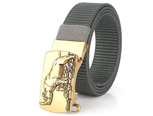 Detail of grey nylon web belt with a golden metal buckle featuring a rhino relief