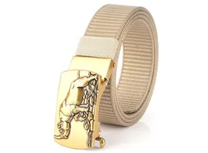 Detail of khaki nylon belt featuring a golden metal buckle with embossed rhino pattern
