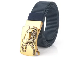 Detail of navy nylon belt featuring a gold buckle with rhino and tropical plant relief