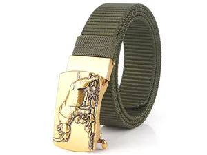 Detail of army green nylon tactical belt featuring a gold rhino relief metal buckle