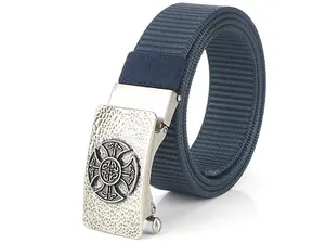 Detailed view of silver Celtic knot buckle with textured blue canvas nylon belt strap