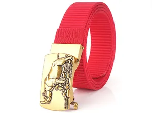 Detail of red woven nylon belt featuring a golden automatic buckle with a rhino relief