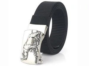 Close-up of men's nylon belt with silver metal buckle featuring embossed rhino design
