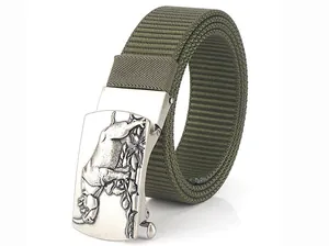 Detail of military green nylon tactical belt with embossed silver rhino buckle