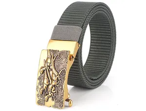 Detail of grey nylon belt with golden dinosaur embossed alloy buckle in macro view