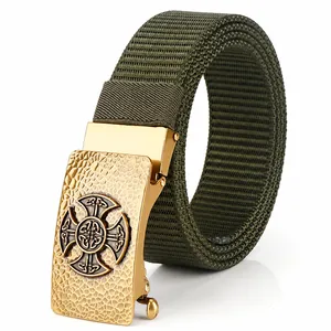 Men's Tactical Nylon Belt With Zinc Alloy Celtic Cross Automatic Buckle Retro Outdoor Casual Woven Waistband For Men