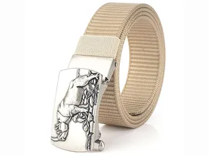 Detail of outdoor nylon belt featuring a metallic buckle with a rhino relief pattern