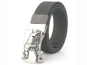 Detail of military green nylon belt featuring a metal alloy buckle with rhino embossing