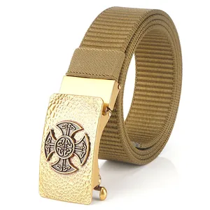 Men's Tactical Nylon Belt With Zinc Alloy Celtic Cross Automatic Buckle Retro Outdoor Casual Woven Waistband For Men