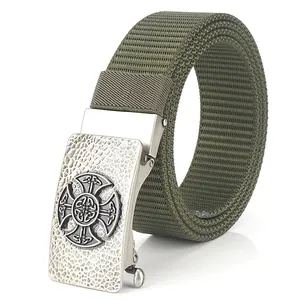 Army green nylon tactical belt with silver Celtic Cross alloy automatic buckle on white