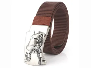 Macro shot of brown nylon web belt with silver matte buckle featuring rhino relief