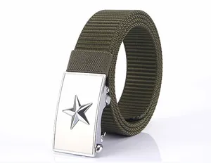 Close-up of military green tactical nylon belt with silver star embossed metal buckle