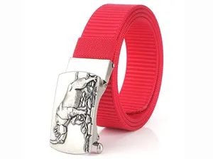 Close-up of red canvas belt featuring a silver metal buckle with rhino embossing