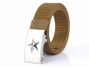 Detail of khaki nylon tactical belt with a silver star automatic metal buckle