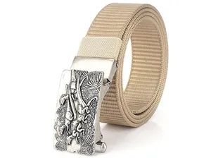 Detail of khaki nylon belt with alloy buckle featuring a vintage dinosaur relief pattern