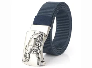 Detail of navy nylon belt with matte silver buckle featuring rhino relief pattern