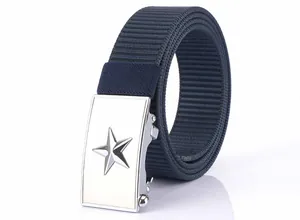 Detail of navy blue nylon tactical belt featuring a polished silver star buckle