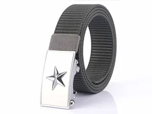 Detailed macro view of nylon tactical belt featuring a silver buckle with a 3D star pattern
