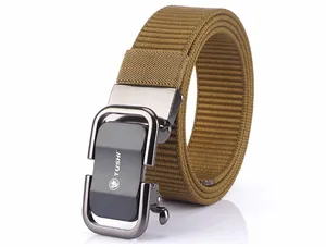 Detail of the tactical nylon belt showing wolf brown weave and matte metal auto buckle