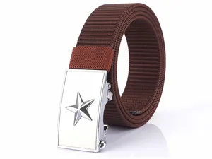 Detail of nylon tactical belt featuring brown woven texture and star embossed metal buckle