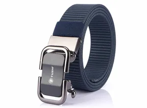 Close-up of navy nylon canvas belt with a matte gunmetal automatic buckle and logo