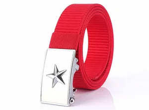 Detail of red nylon tactical belt with a silver star buckle on a plain white background
