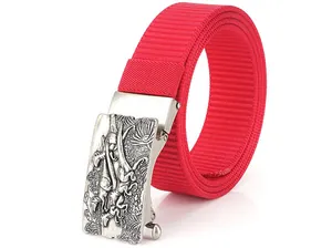 Red nylon woven belt featuring a vintage silver buckle with embossed dinosaur patterns
