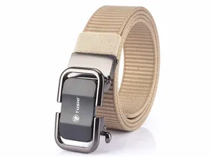 Detail of khaki nylon belt with grey automatic metal buckle and TUSHI lion logo