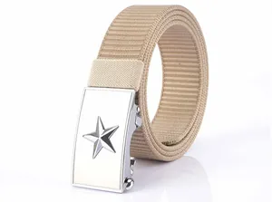 Macro detail of khaki nylon tactical belt featuring a silver star metal buckle