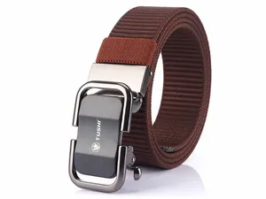 Close-up of brown nylon woven belt with black metal automatic buckle and wolf logo