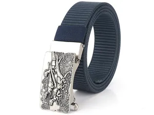 Detailed relief of an elephant in a jungle on a silver alloy automatic belt buckle