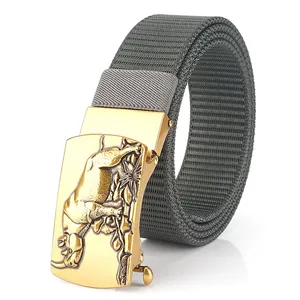Men's Nylon Tactical Belt With Zinc Alloy Automatic Buckle Rhino Relief Pattern Casual Outdoor Adjustable Canvas Waistband Accessory