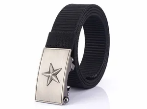 Detail of black nylon tactical belt with a brushed metal buckle featuring a star emblem
