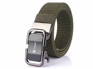 Close-up of military green nylon tactical belt with dark grey automatic metal buckle