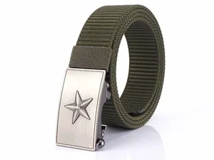 Close-up of army green nylon tactical belt with star-embossed brushed metal buckle