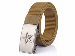 Close-up of tactical nylon belt with khaki webbing and star-patterned metal buckle