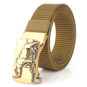 Men's khaki nylon tactical belt featuring a golden alloy buckle with rhino relief