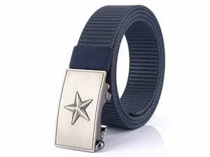 Detailed close-up of dark blue nylon belt with zinc alloy buckle and star relief