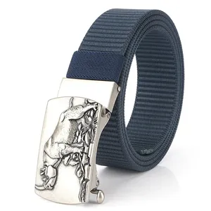 Men's navy blue nylon belt with vintage silver rhino embossed automatic buckle