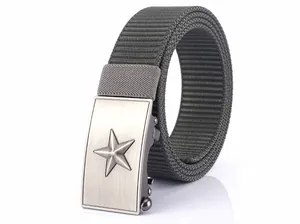Detail of army green nylon tactical belt with star engraved brushed metal buckle