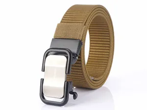 Detailed close-up of khaki nylon woven belt with black metallic automatic buckle
