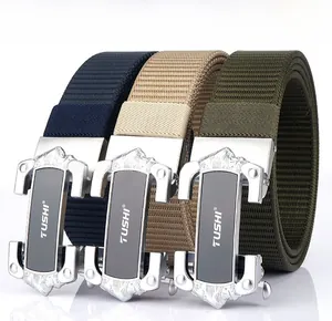 Three durable woven nylon belts with industrial automatic metal buckles in multiple colors
