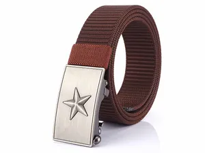 Detailed view of brown nylon tactical belt with star embossed brushed metal buckle
