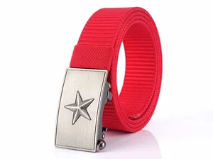 Close-up of red nylon tactical belt with brushed silver star buckle and anti-slip texture